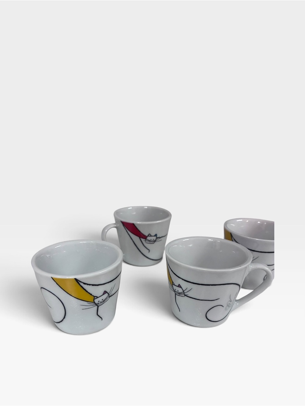 Ceramic Cat Accent Espresso Cups - White with Yellow & Pink Accents (Set of 4)